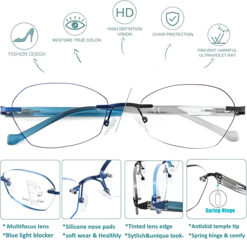 Miniatura 4 de Multifocus Gafas de lectura para mujer, progresivas, multifocales, sin marco, sin línea, lector bifocal, luz azul, diseño de computadora, lentes