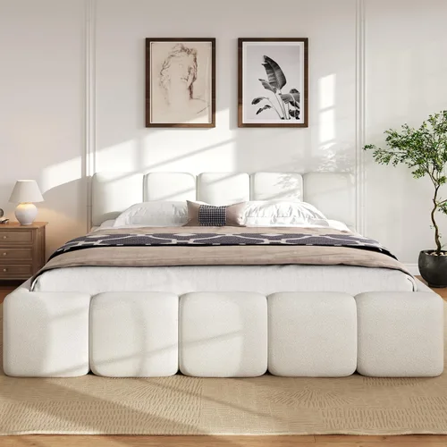 Merax Cama de plataforma Boucle tamaño King con cabecero y estribo gruesos, marco de cama tapizado estilo bloque, color blanco