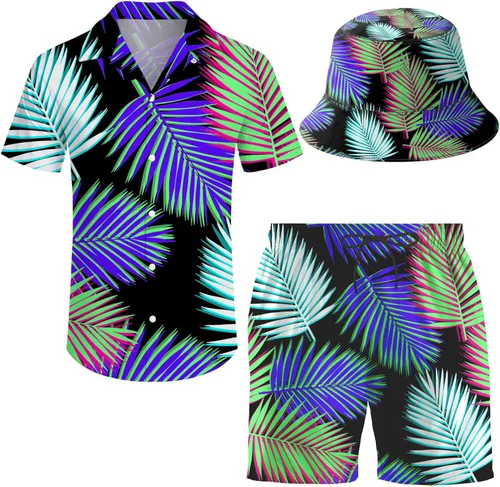 ifamawlea Conjunto de 2 piezas para hombre, camisa hawaiana, pantalones cortos, camisa con botones y pantalones cortos con sombreros de pescador