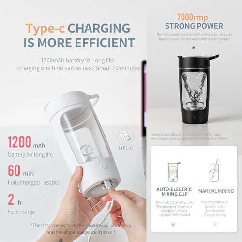 Miniatura 5 de Botella mezcladora eléctrica de proteínas, Tritan Sin BPA Botellas de licuadora de 22 onzas mezcladoras portátiles de vórtice recargable, taza