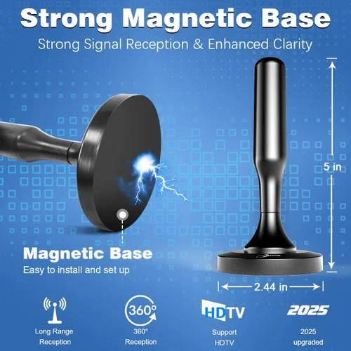 Miniatura 5 de HIDB Antena de TV para Smart TV en interiores, antenas digitales HD para interiores con base magnética fuerte, fácil instalación, recepción de largo