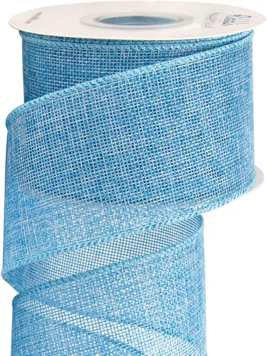 Ribbli Cinta con alambre de arpillera azul bebé, 2-1/2 pulgadas x 10 yardas continuas, cinta de borde con alambre para lazo grande, corona,