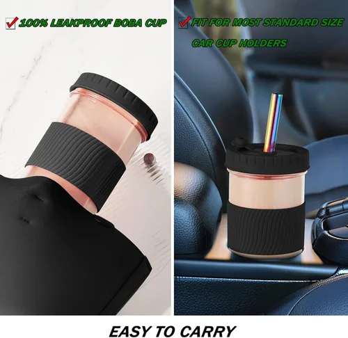Miniatura 5 de Amyoole Paquete de 2 tazas Boba reutilizables, vasos de batido de boca ancha de 24 onzas, vasos de vidrio con tapas y popotes, tazas de té
