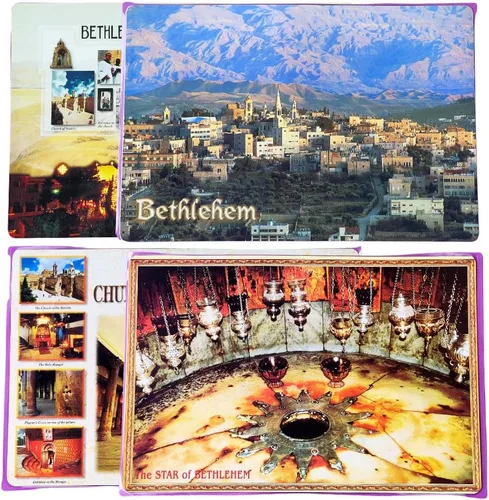 Manteles individuales religiosos de doble cara, juego de 4 manteles individuales de plástico para mesa de comedor con fotos de Belén, Tierra Santa