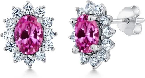 Miniatura 267 de Gem Stone King Aretes ovalados de plata de ley 925 de 0.276 x 0.197 in con piedra natal de la princesa Diana, estilo halo real para mujeres