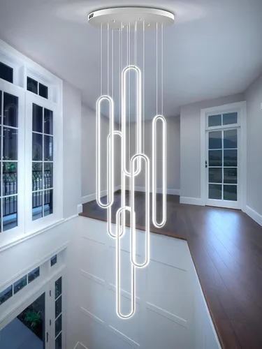 Miniatura 18 de Flashing God Candelabro moderno, candelabros cromados con 6 anillos LED, lámpara de techo alto más grande para sala de estar, lámpara rectangular