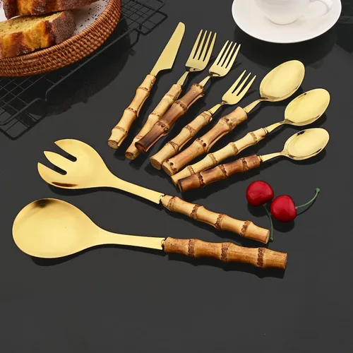 Miniatura 2 de JASHII Juego de cubiertos dorados de acero inoxidable 304, juego de cubiertos de 16 piezas con mango de bambú, servicio para 2, con 1 cuchara