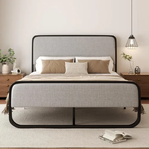 Miniatura 11 de Sismplly Base de cama tapizada de tamaño matrimonial con cabecero y estribo curvos, listones de metal resistente, almacenamiento debajo de la cama
