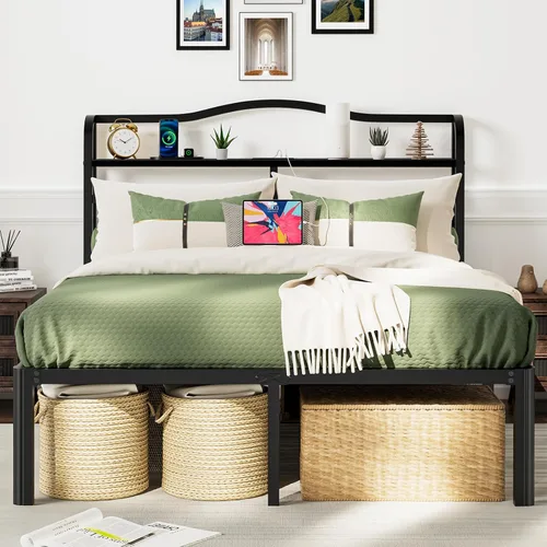 Miniatura 3 de Base de cama Queen con cabecera y estación de carga, base de cama de metal de 18 pulgadas de alto, base de colchón resistente con gran espacio de 46