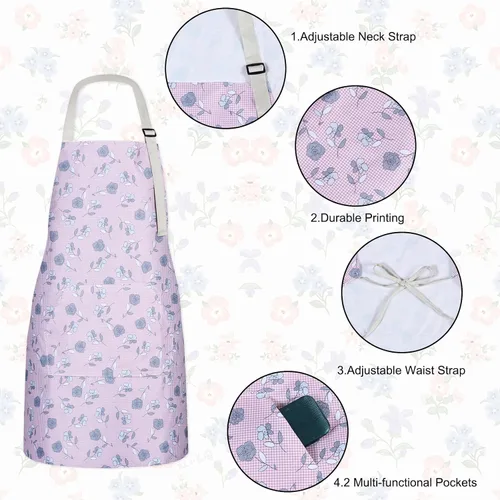 Miniatura 3 de Paquete de 3 delantales florales impermeables para mujer, correa ajustable con bolsillo, multiusos para cocina, arte, jardín