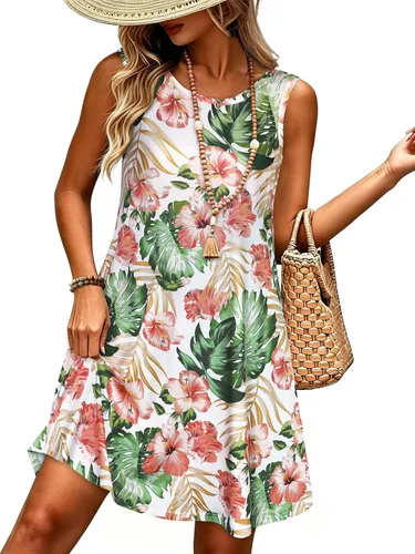 Miniatura 38 de elescat Vestidos de verano para mujer 2025, vestido casual de playa sin mangas con estampado floral, tipo camiseta, suelto y con bolsillos