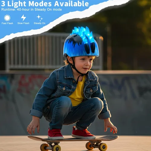 Miniatura 2 de Casco de bicicleta para niños pequeños con luces LED, casco para niños varones de 3 a 8 años, cascos de bicicleta ajustables para niños pequeños Azul