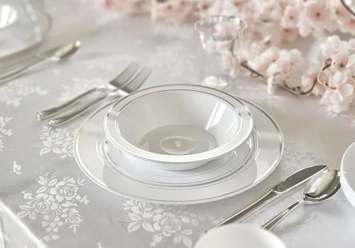 Miniatura 4 de Platos de plástico desechables Occasions para fiestas de boda (120 unidades), plateado, blanco (White / Silver Rim)