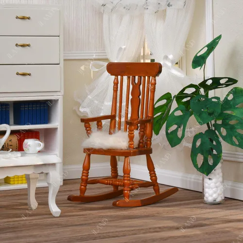 Miniatura 4 de iLAND Muebles vintage para casa de muñecas a escala 1/12, mecedora Brewster y cojín de terciopelo