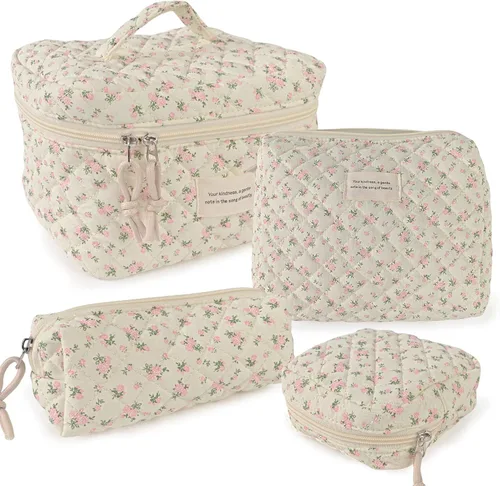 Miniatura 20 de NATINSA Linda bolsa de maquillaje para mujeres (2 piezas), bolsas de cosméticos de viaje, bolsa organizadora de aseo acolchada coqueta con flores