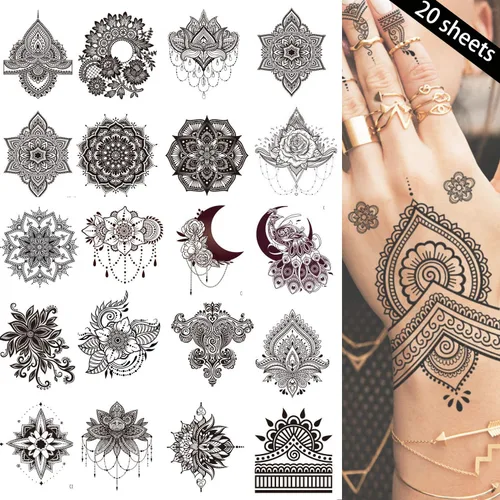 Miniatura 7 de Tatuajes de henna -20 hojas de tatuajes temporales de flores Diseño de encaje de flor de henna pegatinas de tatuaje impermeables para mujeres, Negro