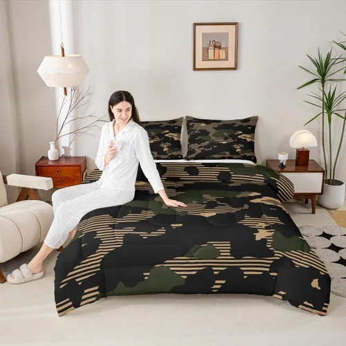 Miniatura 2 de Erosebridal Juego de ropa de cama de camuflaje marrón y negro, moderno juego de edredón abstracto de camuflaje militar, edredón acolchado con rayas