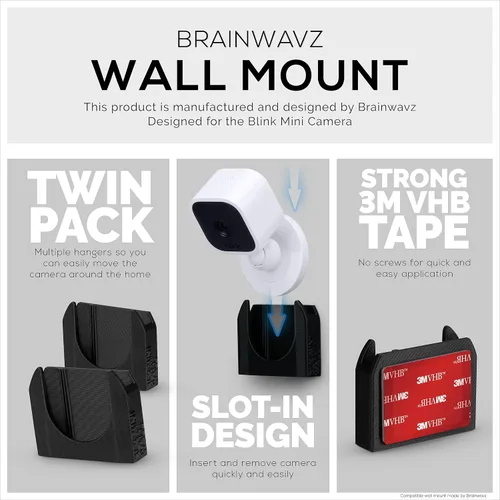 Miniatura 3 de BRAINWAVZ Soporte de pared adhesivo para cámara Blink Mini, paquete de 2, soporte sin complicaciones, cinta VHB 3M fuerte, sin tornillos, Negro