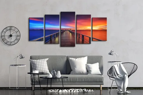 Miniatura 5 de Pyradecor 5 paneles tamaño XL atardecer, puente, impresiones en lona HD, paisajes del mar, arte en lona, paisajes para el hogar, decoración