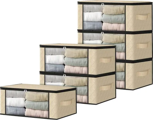 Miniatura 33 de HomeHacks Paquete de 3 bolsas organizadoras de ropa, caja de almacenamiento plegable con gran ventana transparente y asas resistentes para armario