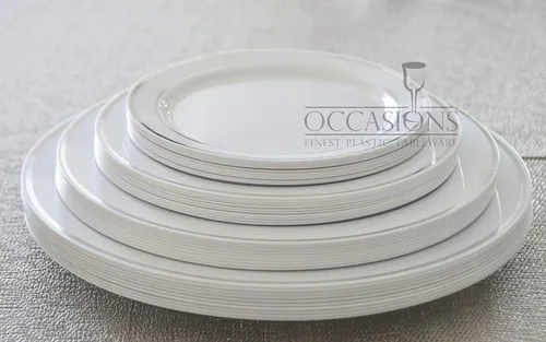 Miniatura 3 de Platos de plástico desechables Occasions para fiestas de boda (120 unidades), plateado, blanco (White / Silver Rim)