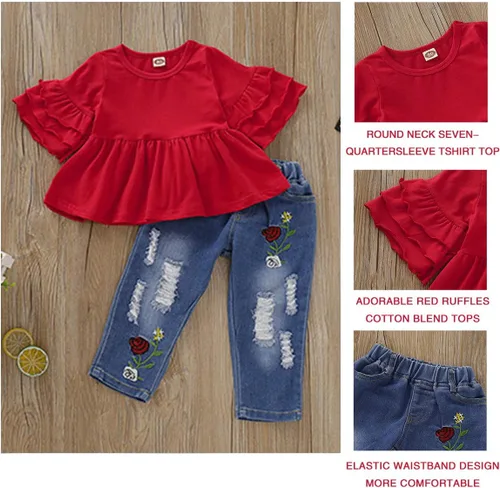 Miniatura 4 de NZRVAWS Ropa para bebé niña pequeña, conjunto de pantalones de mezclilla rasgados con volantes florales de leopardo para niña 0-4T