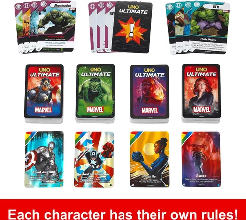 Miniatura 5 de Mattel Games UNO Ultimate Marvel Juego de cartas con 4 mazos de personajes, 4 cartas coleccionables de lámina metálica y reglas especiales, para 2-4
