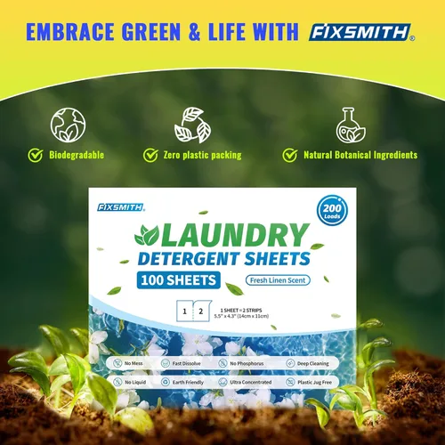 Miniatura 5 de FIXSMITH Hojas de detergente para ropa - 200 cargas (100 hojas) aroma a lino fresco - Tiras de detergente para ropa hipoalergénicas y ecológicas