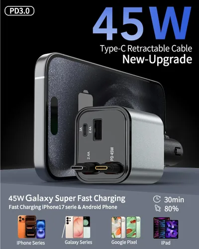 Miniatura 5 de Adaptador de Carga de Coche Retráctil para iPhone 17, Cargador de Coche para Teléfono 4 en 1 de Carga Rápida, Accesorios para Coche y Camión USB C