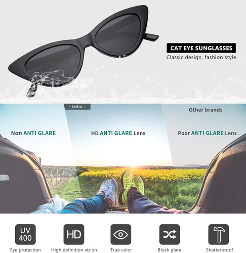 Miniatura 4 de Livhò Gafas de sol retro vintage angostas ojo de gato para mujer, con marco de plástico