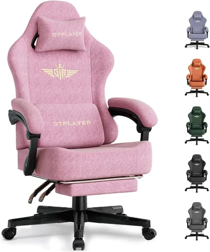 Miniatura 14 de GTPLAYER Silla de juegos grande y alta de tela con cojín de resorte de bolsillo, silla ergonómica de computadora de respaldo alto con reposapiés