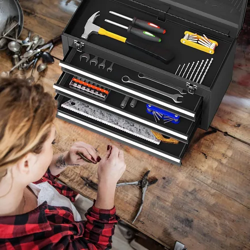 Miniatura 8 de Goplus Caja de herramientas con 3 cajones, organizador portátil de 4 niveles de 52 cm con bandeja superior para herramientas, cerradura automática