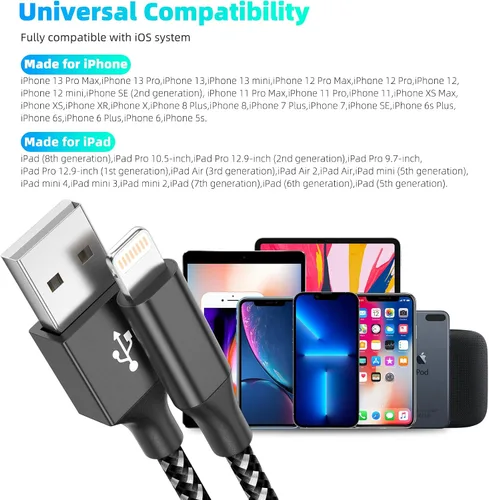 Miniatura 3 de Cargador para iPhone con certificación MFi de Apple, paquete de 3 cables Lightning de 10 pies de largo, carga rápida, sincronización de datos, cable