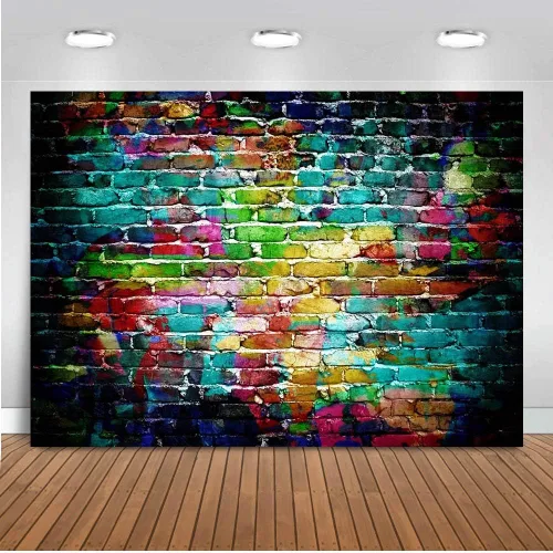 Miniatura 2 de Fondo de fotografía de pared de ladrillo colorido de 9 x 6 pies, fondos de graffiti de vinilo para adultos y niños, retrato de fondo, accesorios