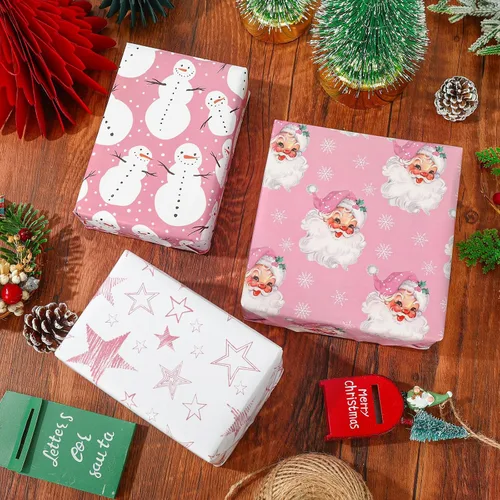 Miniatura 4 de AnyDesign 12 hojas de papel de regalo de Navidad rosa Santa muñeco de nieve copo de nieve estrella árbol papel de regalo plegado plano papel