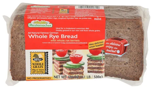 Mestemacher Pan de centeno integral totalmente natural, 17.6 onzas, auténtico pan de centeno alemán de grano entero, alto en fibra, sin OMG, listo