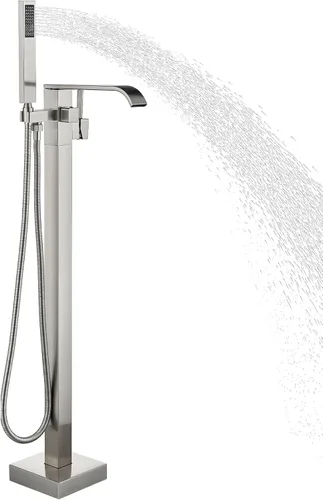 Grifo de bañera independiente de níquel cepillado, llenador de bañera, montaje en suelo, mango único, grifo de latón con ducha de mano y boquilla