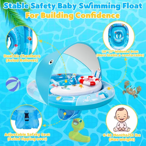 Miniatura 3 de Flotador de piscina para bebé con toldo de protección solar UPF50+, flotador de natación inflable para bebés de 6 a 36 meses