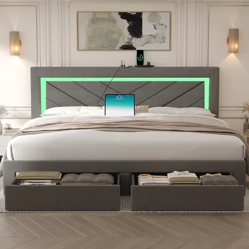 Miniatura 12 de Base de cama tamaño Queen con cabecera ajustable y cajón de almacenamiento, marco de cama tapizado Queen con luces LED RGB y estación de carga