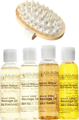 RD Alchemy - Aceite de masaje comestible 100% natural y orgánico para el cuerpo. Contiene los 4 sabores: Bay Rum Love, Juicy Citrus, Mint Zip &