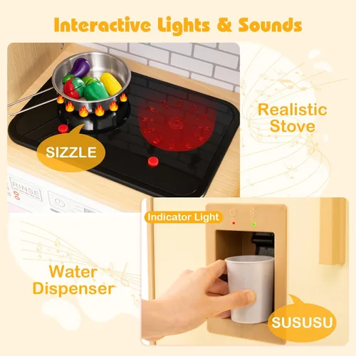 Miniatura 4 de HONEY JOY Cocina de Juguete de Madera con Diseño de Ratán, Juego de Cocina de Juguete para Niños Pequeños, Estufa con Luces y Dispensador de Agua