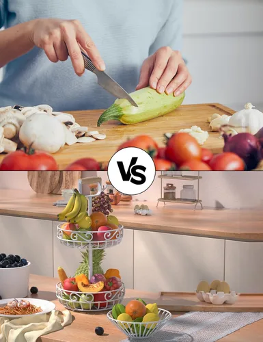 Miniatura 5 de Plato de 2 niveles y frutero – Almacenamiento de frutas y verduras con colgador de árbol de plátano y mango de madera, cesta de frutas para encimera