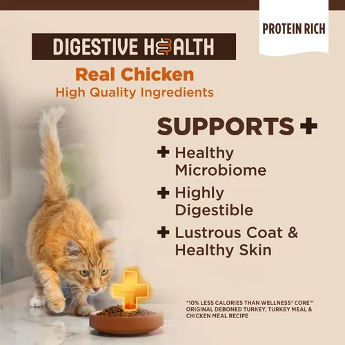 Miniatura 2 de Wellness CORE+ - Alimento seco para gatos adultos para interiores y exteriores, granos integrales, natural, salud digestiva con pollo y arroz
