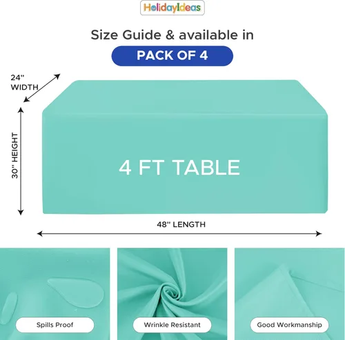 Miniatura 3 de HolidayIdeas Fitted Tablecloths for 4 Foot Rectangle Table, Wrinkle Resistant Washable Table Cover 24x48 Inch for Vendor Booth Display, Banquet, Aqua