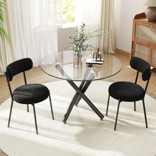 Miniatura 3 de Juego de mesa de comedor redonda de cristal negro para 2, juego de mesa de cocina pequeña y moderna de 36 pulgadas con 2 sillas de comedor tapizadas