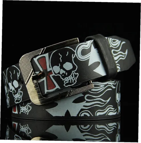 Miniatura 2 de TOSSPER Cinturón de los hombres Cráneo Cruz Hueso Impreso Punk Cinturón Casual Pu Correa de Cuero Cintura Individualidad Hombres Cinturón (negro)