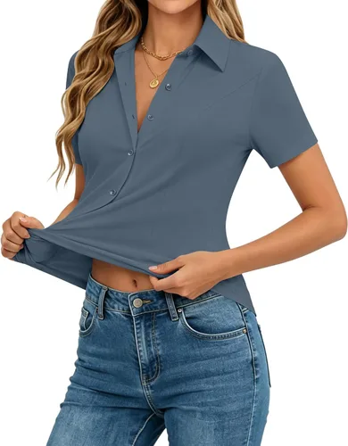 Miniatura 16 de siliteelon Camisas de manga corta con botones para mujer, camisas de vestir elásticas en 4 direcciones, blusa de trabajo ajustada