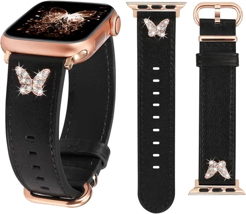 Miniatura 8 de W-RARA Correas de cuero compatibles con Apple Watch Band de 38/40/41/42/44/45/46/1.929 in para mujer, elegante correa de cuero elegante con dijes
