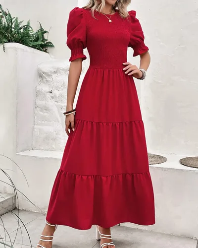 Miniatura 55 de BTFBM Vestidos para mujer, cuello redondo, casual, de verano, con volantes, manga corta, bohemio, con niveles, fruncido, largo, con estampado floral