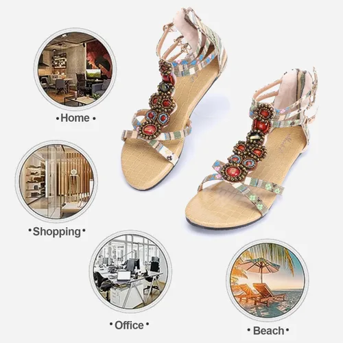 Miniatura 4 de Odema Sandalias planas para mujer, con cuentas bohemias, con cremallera trasera, zapatos elegantes